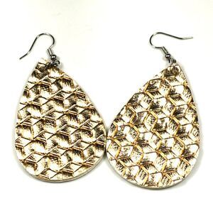 Gold Teardrop Dangle Earrings Geometric Textured Faux Leather Statement Retro